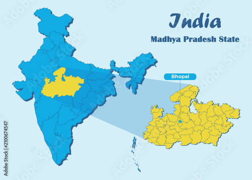 Madhya Pradesh state highlighted in yellow in Indian map with editable vector illustration. Political map showing the location of Madhya Pradesh with Bhopal marked, suitable for education, travel.