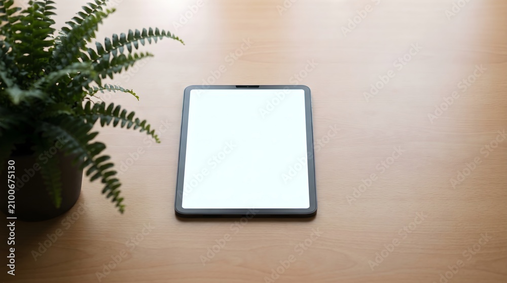 Fototapeta premium Top-down shot of a blank screen digital tablet representing modern technology with copy space on a wooden desk.
