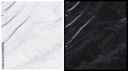 Photos Crumpled plastic texture set in black and white, wrinkled polyethylene film back