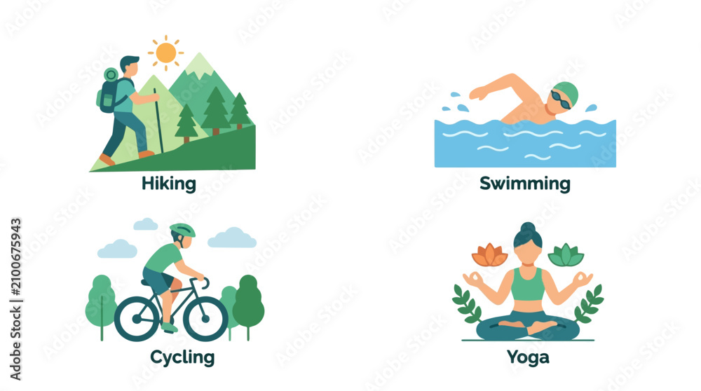 Naklejka premium Vector illustration of people exercising outdoors. Hiking, swimming, cycling, yoga Vector Illustration