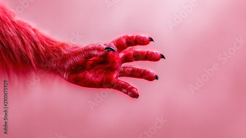 Red furry hand with claws on pink background