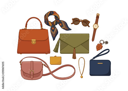 Collection of handbags wallets accessories and jewelry on white background