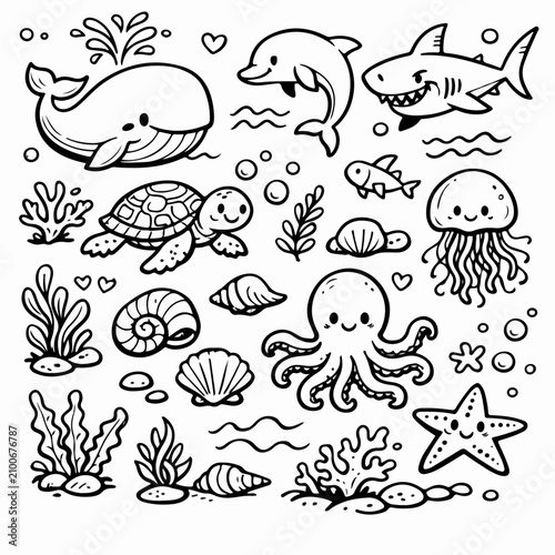 Photography Cute hand-drawn ocean animals and sea life doodles a charming collection for chi