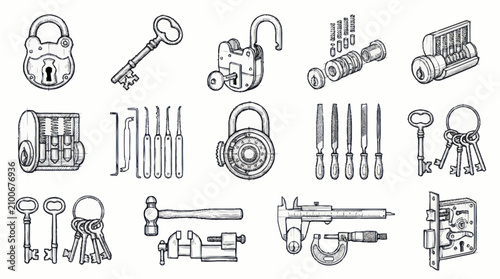 Collection of vintage keys and locks illustration.