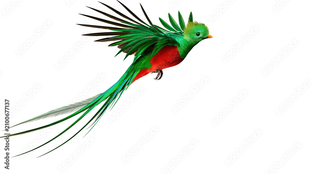 Obraz premium Vibrant green and red bird with long tail feathers soaring through sky