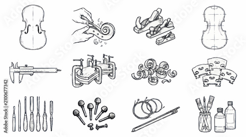 Tableau sur toile Hand Drawn Musical Instruments and Tools Illustration Set.