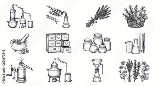 Schilderij op canvas Vintage Alchemy and Herbal Laboratory Equipment Illustration.