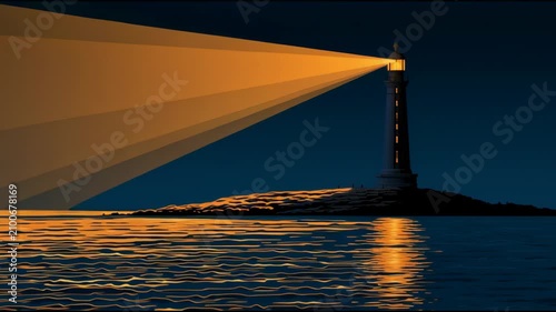 A lighthouse shines its light over the ocean at night. Waves move gently as the beam extends far into the dark water.