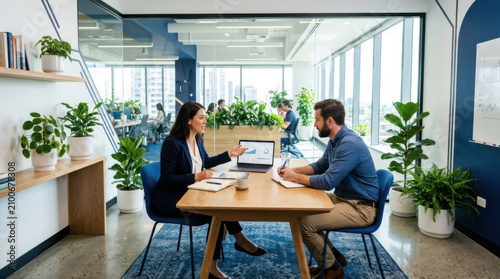Collaborative Meeting In A Modern Office With Natural Light And Plants