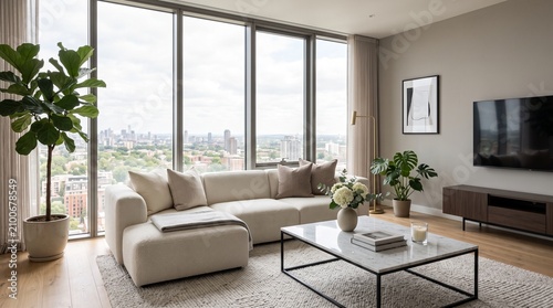 Luxury High Rise Condo Living Room with Sectional Sofa and Park View