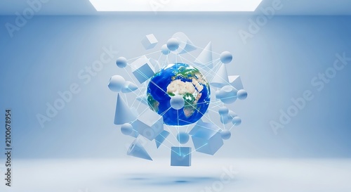 Futuristic digital globe with data particles connecting worldwide. High-tech 3D network sphere representing global communication and innovation.