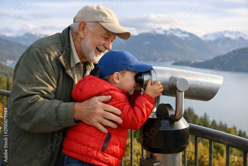 Grandfather and grandson share a moment looking through a telescope at a scenic mountain and lake vista