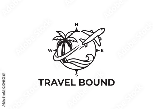 Travel bound logo with airplane palm tree and compass  travel concept