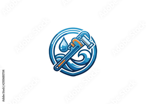Wrench and water droplet logo with wave design element graphic symbol