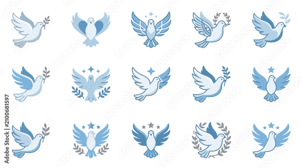 Fototapeta premium Professional Collection of 15 Minimalist Blue Dove Icons with Varied Symbolic Elements for Peace Love and Harmony