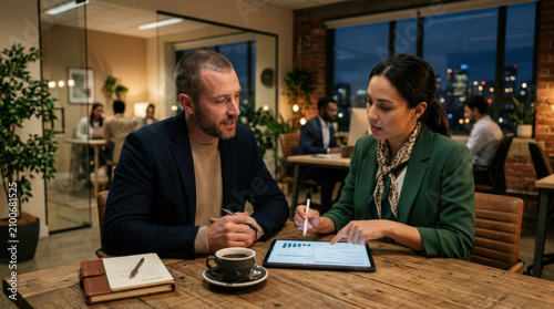 Colleagues Reviewing Digital Charts On Tablet Device In Modern Office Setting At Night