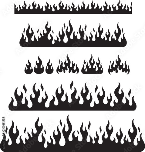 Black silhouette fire flames and horizontal burning borders vector set