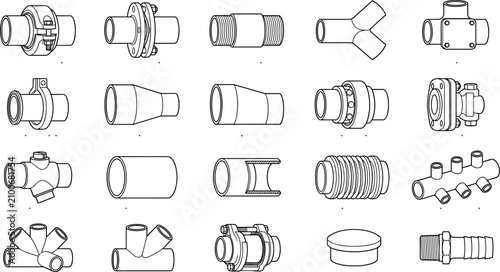 Schilderij op canvas Industrial pipe fittings and plumbing connectors line art icons set featuring fl