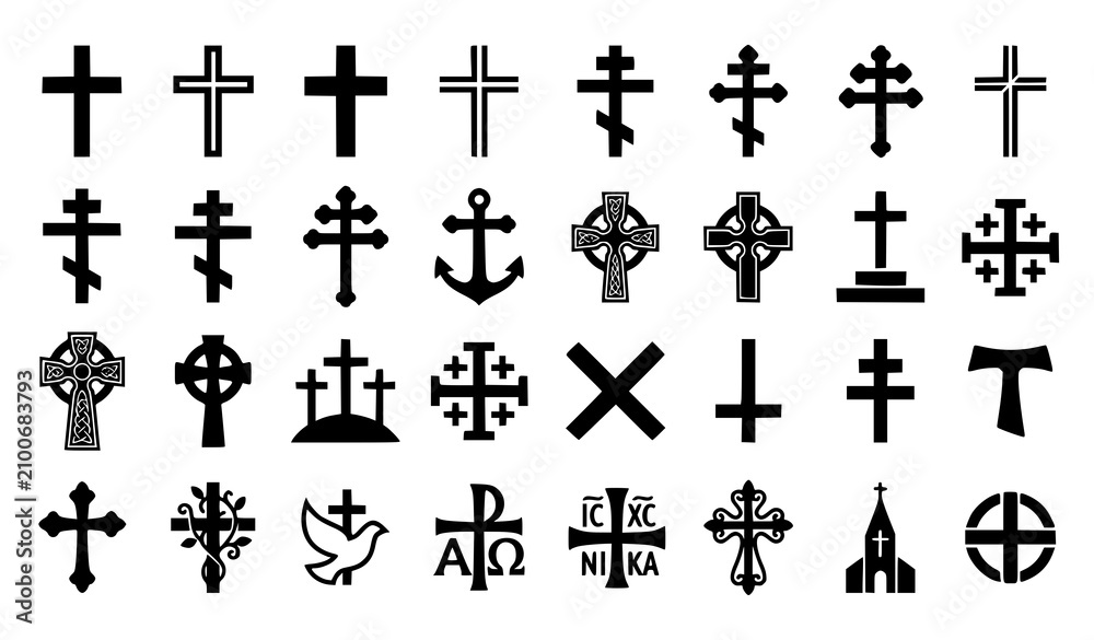 Fototapeta premium Christian Cross Icon Set with Religious Symbols in Various Styles for Faith and Church Designs