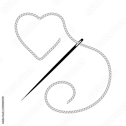 Sewing needle diagonal with thread forming heart and spiral pattern