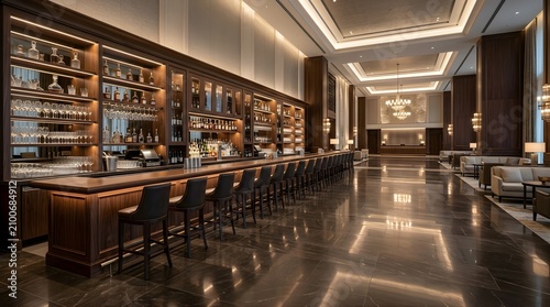 Modern luxury hotel bar interior with wooden counter and dim lighting