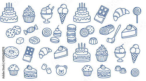 Cuadro en lienzo Hand drawn dessert icons set, blue line art sweets and bakery collection, minima