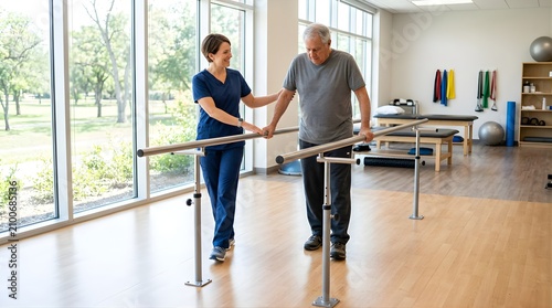 Physical therapist assisting senior man with walking exercises in clinic