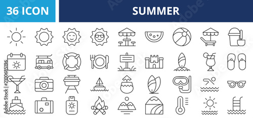 Summer web banner icon set outline vector illustrations concept with icon beach, holiday, tropical, sea, vector, vacation, background