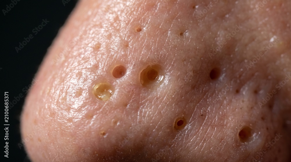 Fototapeta premium Enlarged Pores Nose Skin Texture ,Extreme Macro Close Up Showing Sebum Filled Pore Openings and Detailed Dermatology Surface