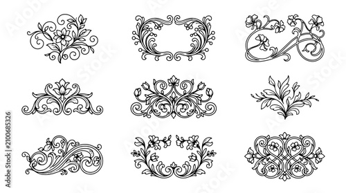 Vintage Floral Ornament Vector Set with Ornate Frames Borders Scrolls Swirls Leaves and Decorative Victorian Calligraphic Design Elements Collection for Elegant Decorative Design