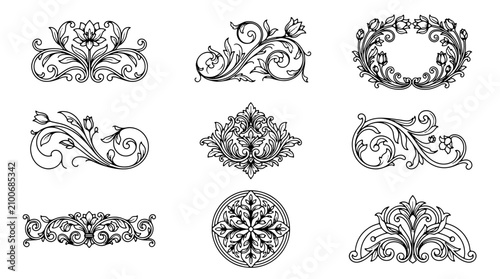 Vintage Floral Ornament Vector Set with Decorative Frames Borders Swirls Leaves Ornate Retro Design Elements and Elegant Flourish Illustration Collection