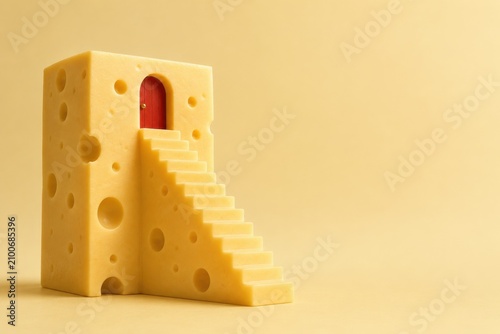 Cheese block with stairs and red door on pale background