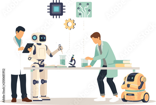 Scientists and robots working together in a laboratory setting with various equipment and tools