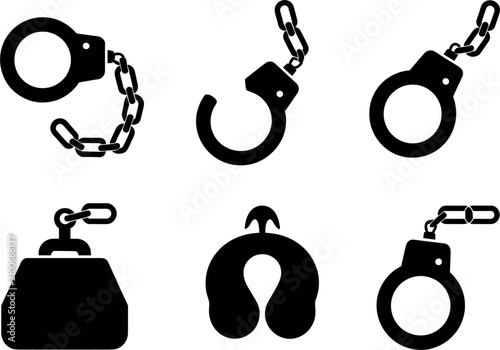 Obraz na płótnie Police handcuffs and metal weight icon set black silhouette vector illustration,