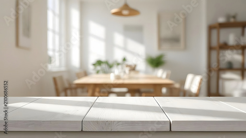 Empty white wooden table top with blurred bright dining room background for product display, mockup template for food or home interior design presentation in a minimalist home