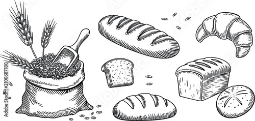 Bakery bread and wheat sack sketch collection vector illustration, hand drawn fresh organic bakery food design elements