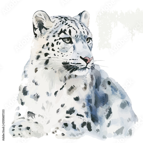 Canvas Print Snow Leopard, vector watercolor clipart with soft pastel strokes, isolated on a white background