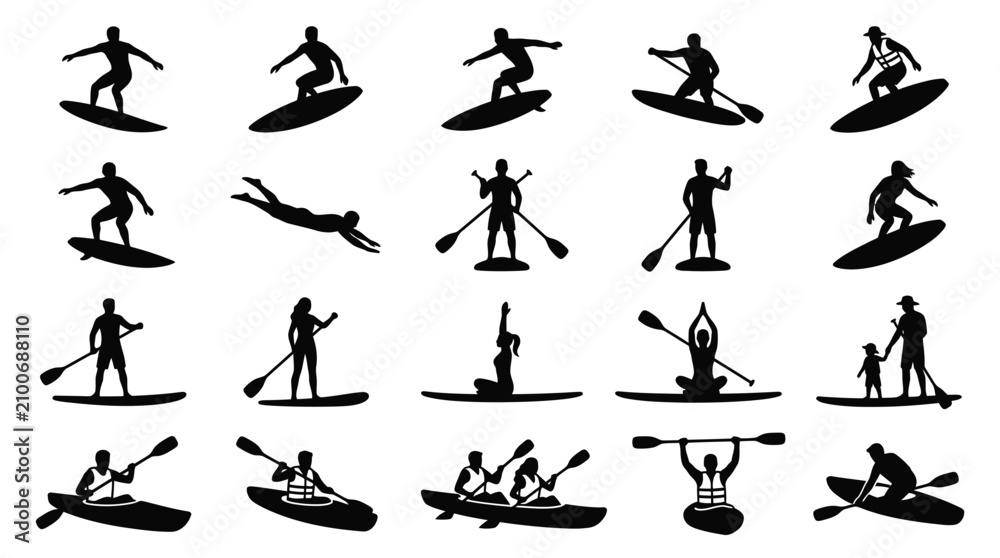 Fototapeta premium People engaging in water sports, including surfing, paddleboarding, and kayaking activities.
