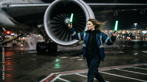 Femme marshall guidant un avion de ligne la nuit sur le tarmac d'un aéroport