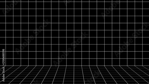 Linear white grid lines build a virtual architectural room. Clean dimensional boundaries give structure to this unique digital space layout. White grid lines shift smoothly.