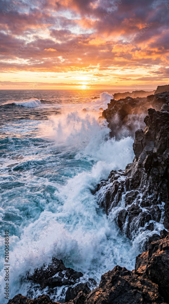 Fototapeta premium Vagues puissantes se brisant sur des rochers au coucher de soleil