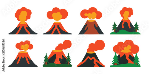 Photography Set of volcano eruption icons featuring different shapes and erupting lava formations for geological design projects