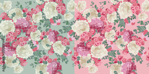 Seamless Floral Pattern Set with Peonies, Roses and Eucalyptus Leaves in Two Color Variations