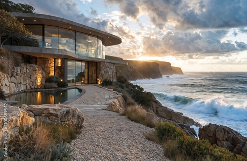 Luxurious modern cliffside home with an infinity pool offering panoramic ocean views under a dramatic sunset sky perfect for high-end living