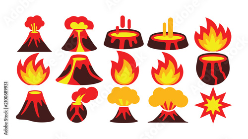 фотографія Set of colorful volcano and fire icons featuring erupting magma and natural disasters for graphic design assets