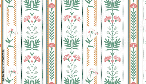 Vintage floral stripe seamless pattern vector illustration, traditional block print plant motif wallpaper fabric design