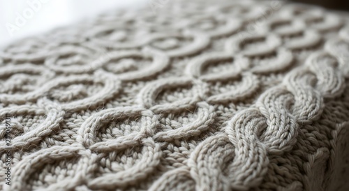 Close up of a white knitted wool blanket. Soft cable knit texture for home decor background.