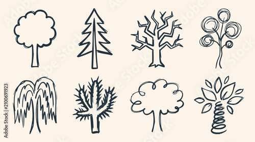 Eight hand-drawn doodle style tree illustrations with various shapes on a light beige background