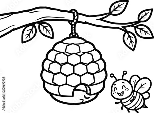 Beehive and bee illustration black and white line art