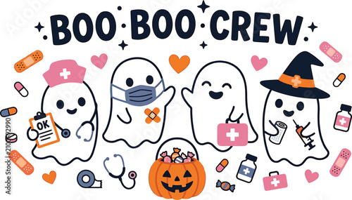 Cute halloween vector ghost nurse crew illustration with pumpkin medical supplies 'boo boo' text